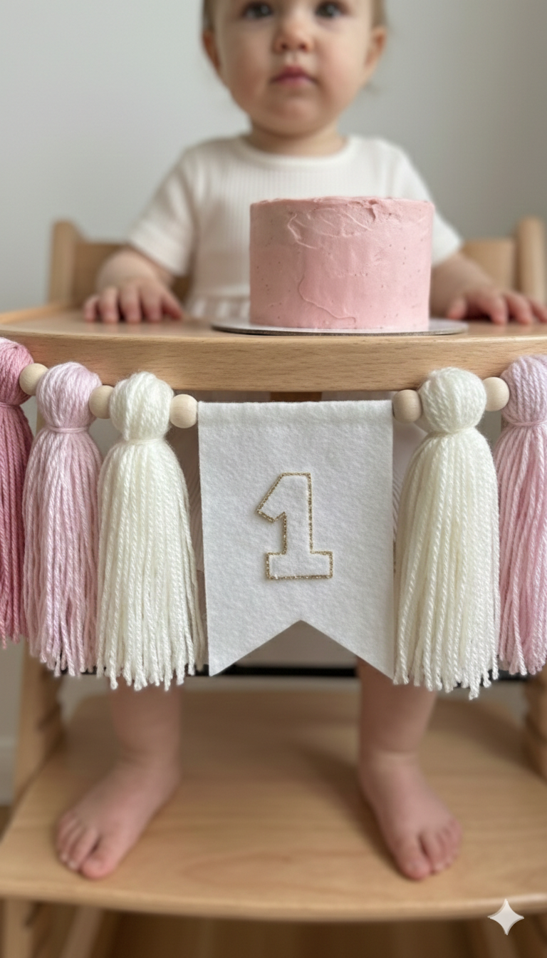 Detalle de cuentas de madera naturales y texturas artesanales para decoración de fiesta infantil orgánica, tono rosado