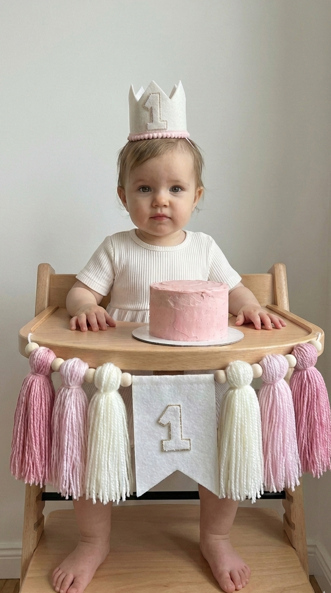 Decoración primer año bebé estilo boho minimalista, kit para silla de comer color rosado de Decorarycelebrar by Sasa