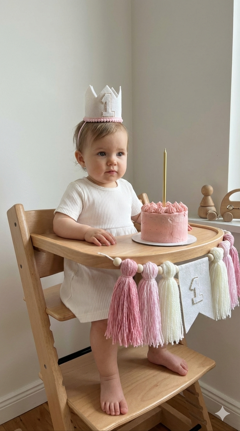 Set completo de cumpleaños infantil: banner de tela, cake topper y corona para bebé en color rosado 